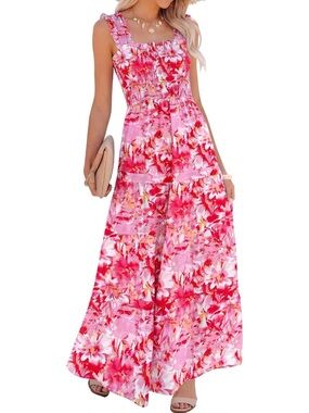 🎀🌹Pink Floral Maxi Dress with Smocked Bodice